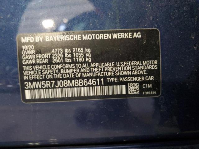 3MW5R7J08M8B64611 - 2021 BMW 330XI BLUE photo 12