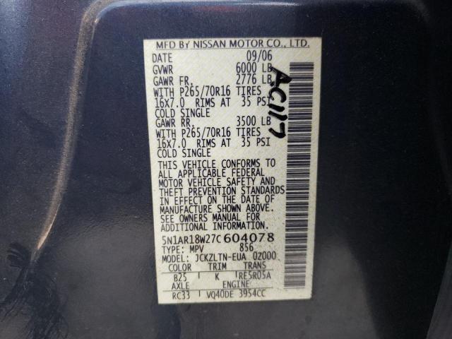 5N1AR18W27C604078 - 2007 NISSAN PATHFINDER LE 蓝色 照片 12