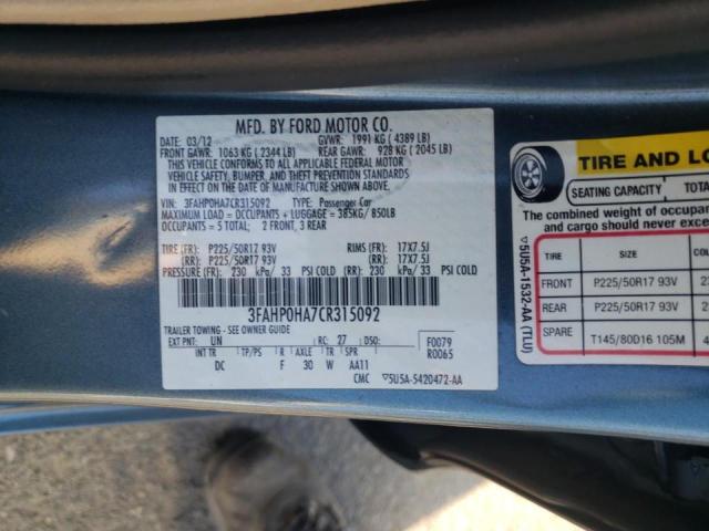 3FAHP0HA7CR315092 - 2012 FORD FUSION SE CHARCOAL photo 10