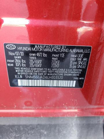 5NMS33AD6LH303520 - 2020 HYUNDAI SANTA FE SEL RED photo 13