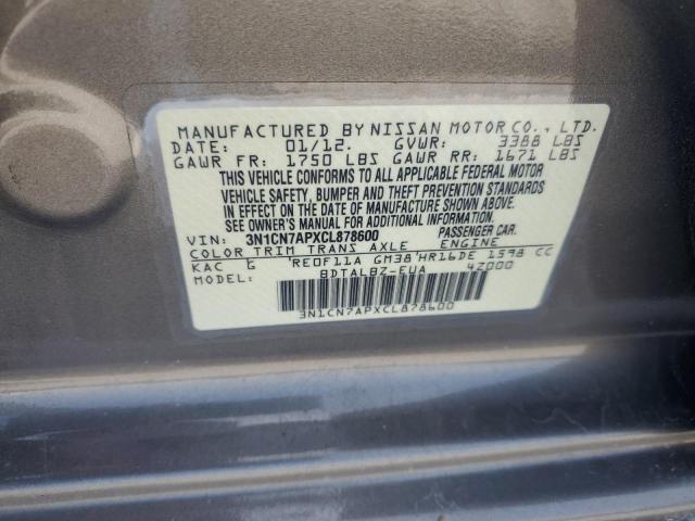 3N1CN7APXCL878600 - 2012 NISSAN VERSA S GRAY photo 12
