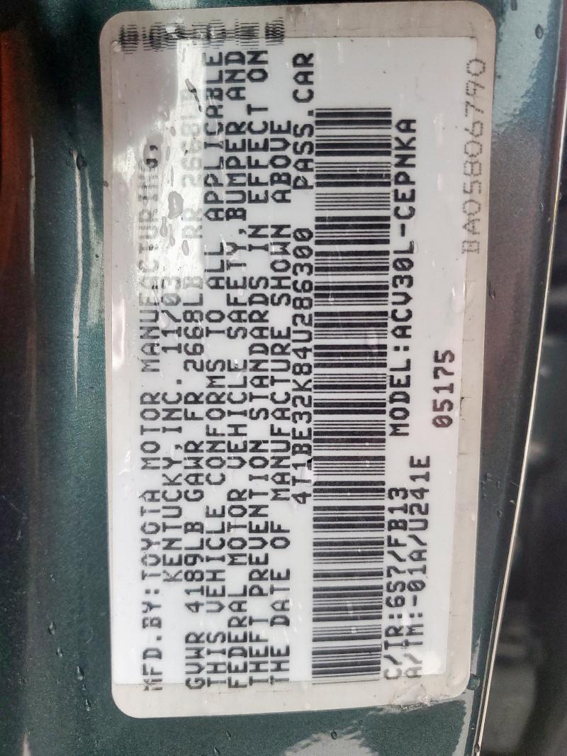 4T1BE32K84U286300 - 2004 TOYOTA CAMRY LE BLACK photo 12