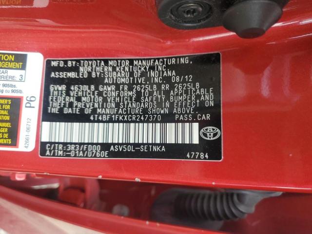 4T4BF1FKXCR247370 - 2012 TOYOTA CAMRY BASE RED photo 12