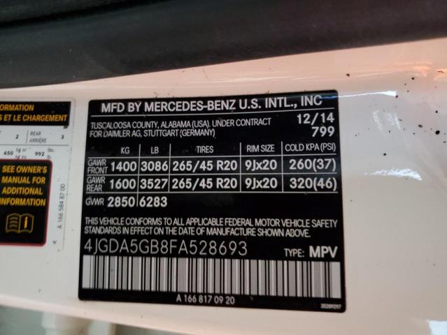 4JGDA5GB8FA528693 - 2015 MERCEDES-BENZ ML 400 4MATIC WHITE photo 13