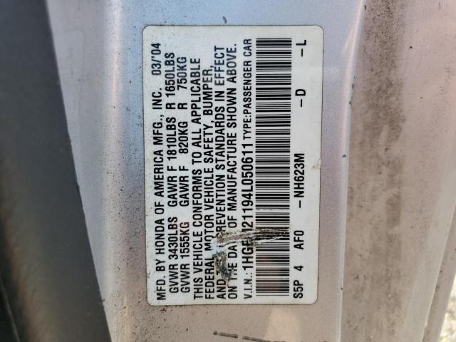 1HGEM21194L050611 - 2004 HONDA CIVIC DX VP ნაცრისფერი ფოტო 12