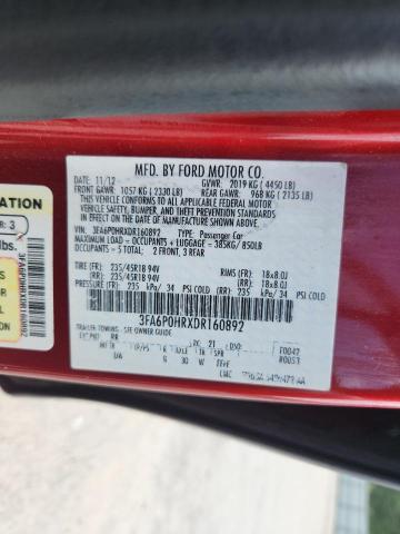 3FA6P0HRXDR160892 - 2013 FORD FUSION SE BURGUNDY photo 12