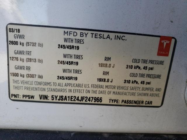 5YJSA1E24JF247966 - 2018 TESLA MODEL S Սպիտակ լուսանկար 12