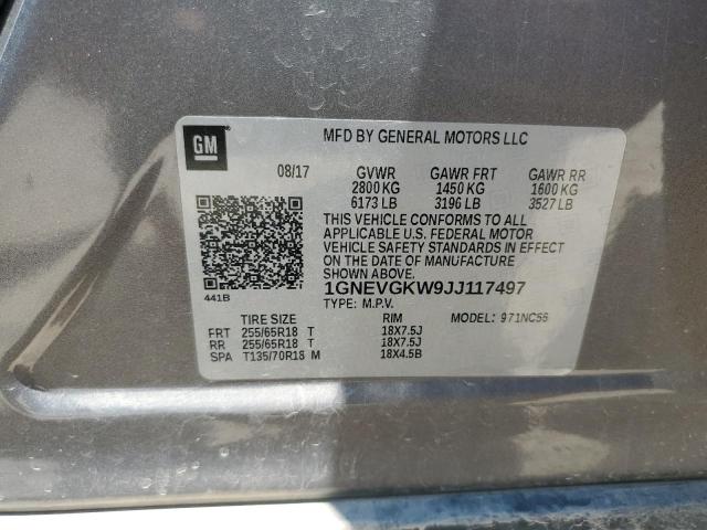 1GNEVGKW9JJ117497 - 2018 CHEVROLET TRAVERSE LT 灰色 照片 13