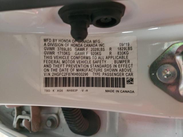 2HGFC2F87KH600296 - 2019 HONDA CIVIC SPORT 白色 照片 12