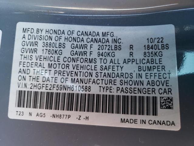 2HGFE2F59NH610588 - 2022 HONDA CIVIC SPORT GRAY photo 13