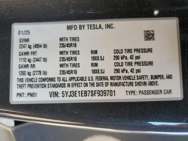 5YJ3E1EB7SF939701 - 2025 TESLA MODEL 3 GRAY photo 12