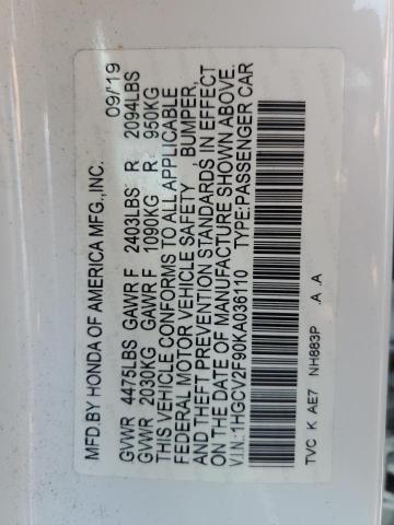1HGCV2F90KA036110 - 2019 HONDA ACCORD TOURING Biały zdjęcie 13