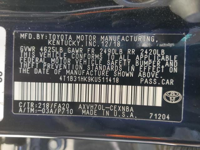 4T1B31HK9KU511418 - 2019 TOYOTA CAMRY LE 黑色 照片 12