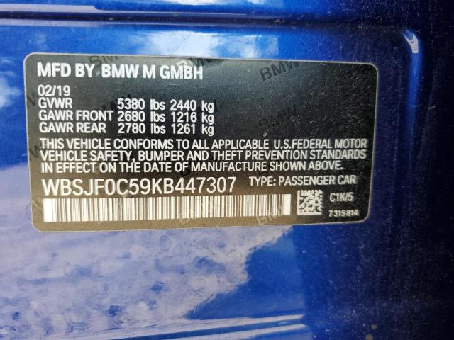 WBSJF0C59KB447307 - 2019 BMW M5 BLUE photo 13
