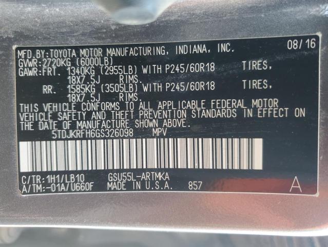 5TDJKRFH6GS326098 - 2016 TOYOTA HIGHLANDER XLE 灰色 照片 14