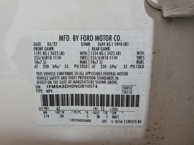 1FMSK8DH0NGB10574 - 2022 FORD EXPLORER XLT 白色 照片 14