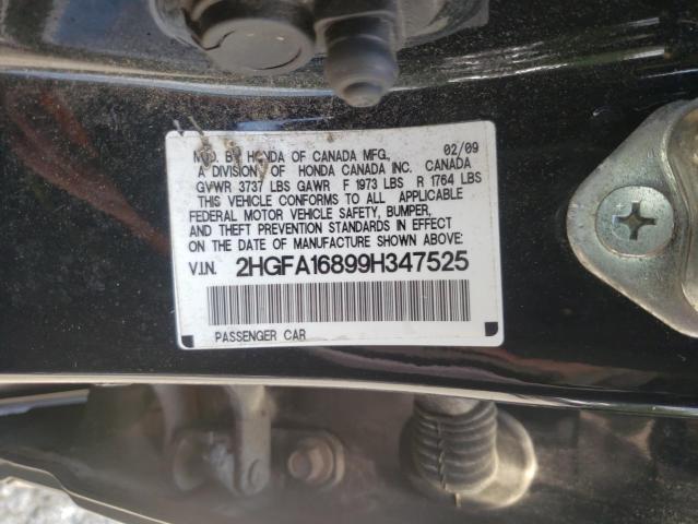 2HGFA16899H347525 - 2009 HONDA CIVIC EX BLACK photo 12