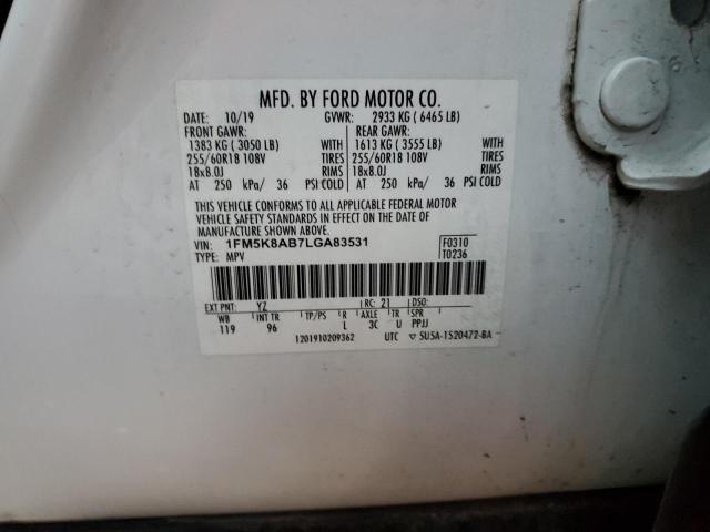 1FM5K8AB7LGA83531 - 2020 FORD EXPLORER POLICE INTERCEPTOR Beyaz fotoğraf 14