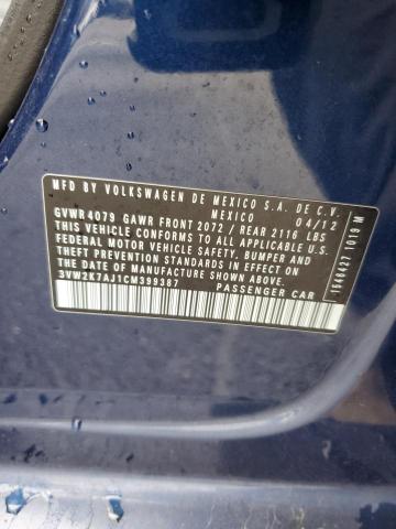 3VW2K7AJ1CM399387 - 2012 VOLKSWAGEN JETTA BASE 蓝色 照片 12
