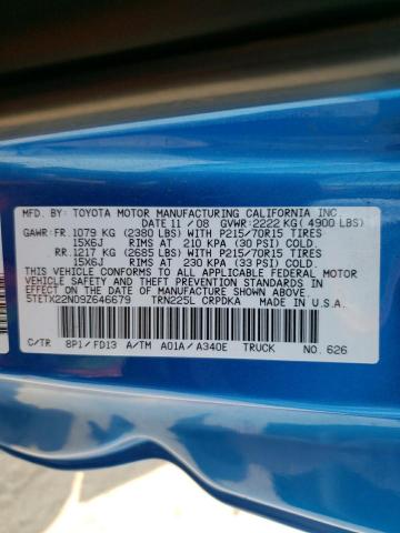 5TETX22N09Z646679 - 2009 TOYOTA TACOMA ACCESS CAB Көк фото 12