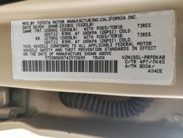 5TEGN92N74Z372695 - 2004 TOYOTA TACOMA DOUBLE CAB PRERUNNER TAN photo 12