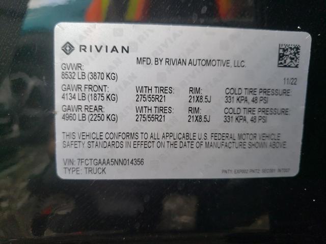 7FCTGAAA5NN014356 - 2022 RIVIAN R1T ADVENTURE BLACK photo 12