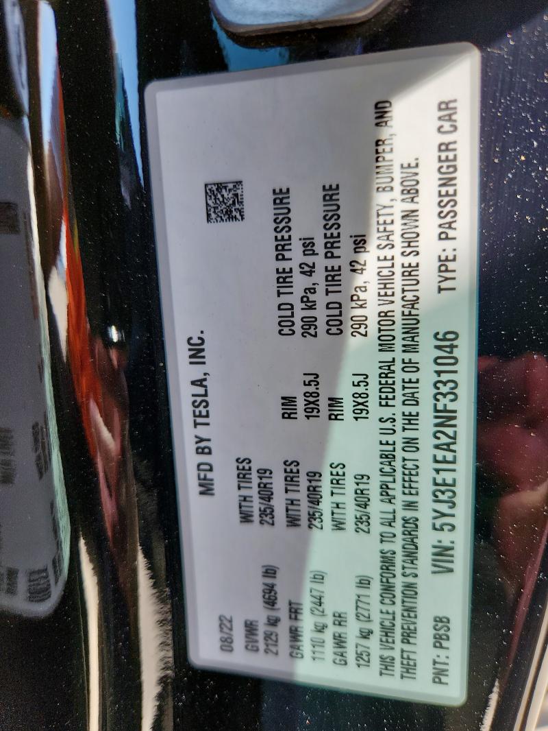 5YJ3E1EA2NF331046 - 2022 TESLA MODEL 3 黑色 照片 12