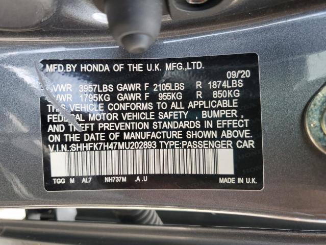 SHHFK7H47MU202893 - 2021 HONDA CIVIC SPORT 石墨色 照片 12