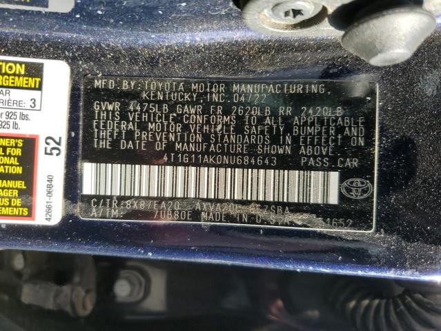 4T1G11AK0NU684643 - 2022 TOYOTA CAMRY SE BLUE photo 12