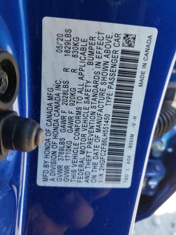 2HGFC2F86LH551450 - 2020 HONDA CIVIC SPORT 蓝色 照片 12