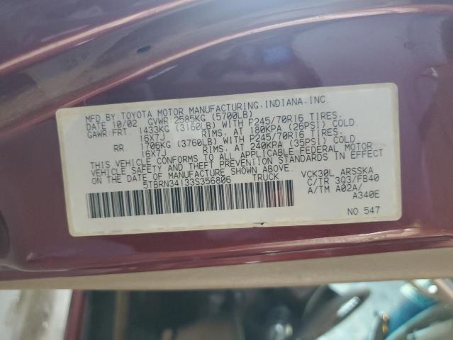 5TBRN34133S356806 - 2003 TOYOTA TUNDRA ACCESS CAB SR5 MAROON photo 12