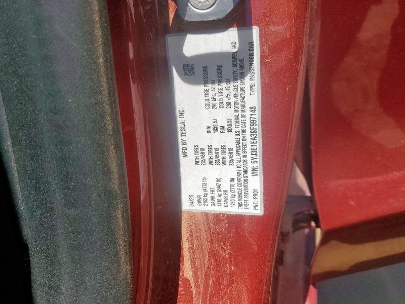 5YJ3E1EA3SF997148 - 2025 TESLA MODEL 3 RED photo 12