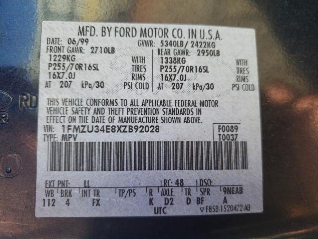 1FMZU34E8XZB92028 - 1999 FORD EXPLORER CHARCOAL photo 10