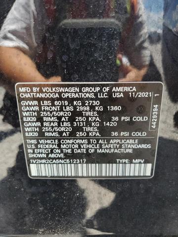 1V2HR2CA5NC512317 - 2022 VOLKSWAGEN ATLAS SE Czarny zdjęcie 13