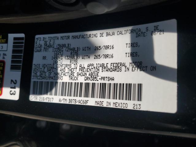 3TMCZ5AN1MM431993 - 2021 TOYOTA TACOMA DOUBLE CAB BLACK photo 12
