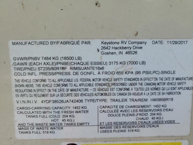 4YDF38526JA742406 - 2018 KEYSTONE MONTANA TAN photo 10