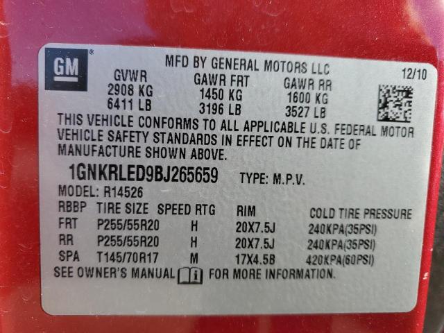 1GNKRLED9BJ265659 - 2011 CHEVROLET TRAVERSE LTZ RED photo 10