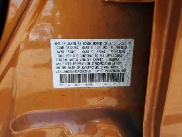 JHMGE8H43AC022658 - 2010 HONDA FIT SPORT ORANGE photo 12