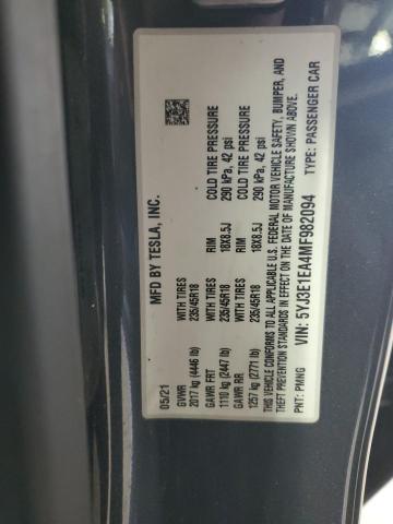 5YJ3E1EA4MF982094 - 2021 TESLA MODEL 3 BLUE photo 12