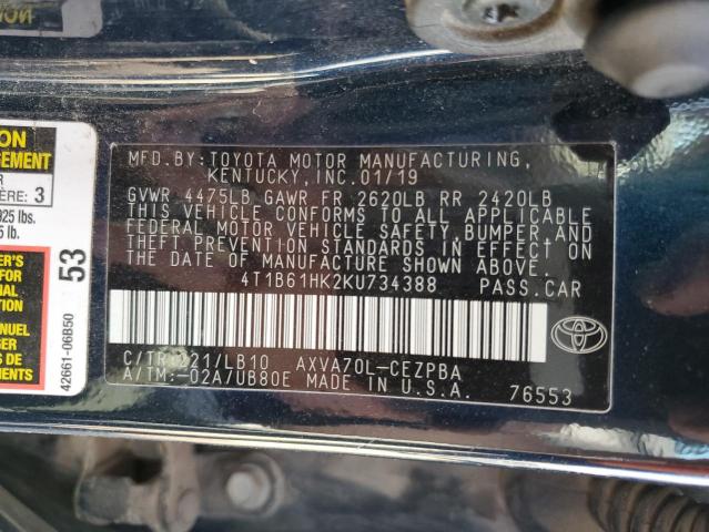 4T1B61HK2KU734388 - 2019 TOYOTA CAMRY XSE BLUE photo 13