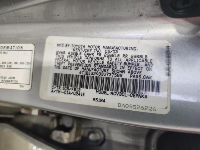 4T1BE32K93U737569 - 2003 TOYOTA CAMRY LE SILVER photo 12