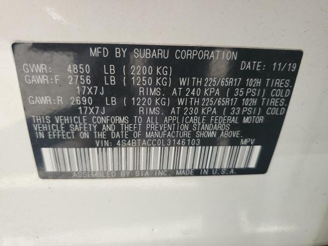 4S4BTACC0L3146103 - 2020 SUBARU OUTBACK PREMIUM WHITE photo 13