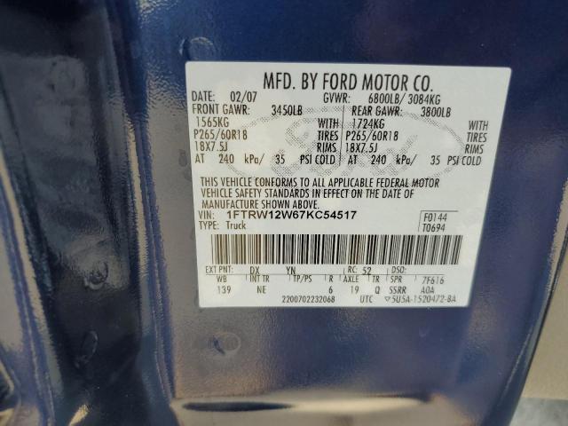 1FTRW12W67KC54517 - 2007 FORD F150 SUPERCREW BLUE photo 12