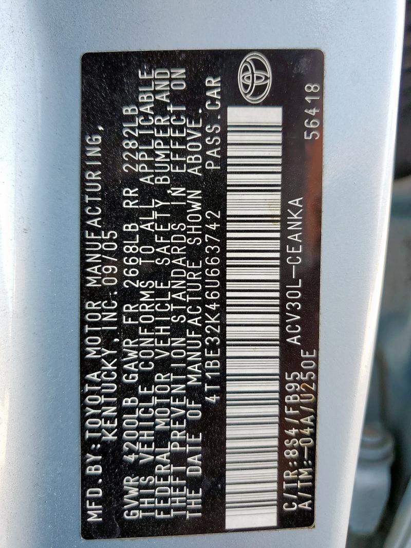 4T1BE32K46U663742 - 2006 TOYOTA CAMRY LE 蓝色 照片 12