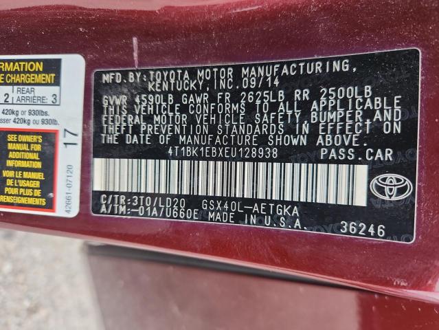 4T1BK1EBXEU128938 - 2014 TOYOTA AVALON BASE BURGUNDY photo 12