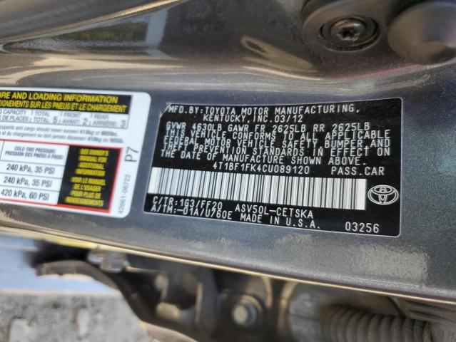 4T1BF1FK4CU089120 - 2012 TOYOTA CAMRY BASE CHARCOAL photo 12