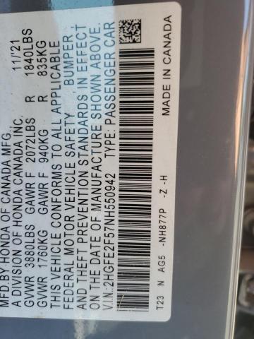 2HGFE2F57NH550942 - 2022 HONDA CIVIC SPORT 灰色 照片 12