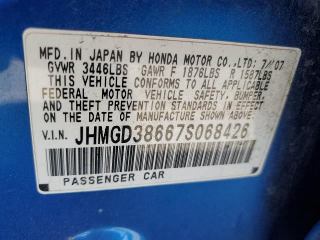 JHMGD38667S068426 - 2007 HONDA FIT S BLUE photo 12