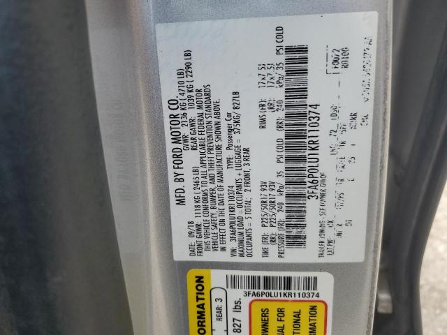 3FA6P0LU1KR110374 - 2019 FORD FUSION SE 银色 照片 12