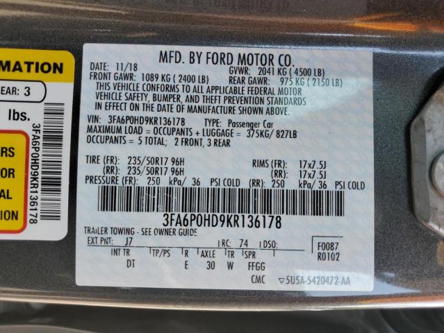 3FA6P0HD9KR136178 - 2019 FORD FUSION SE CHARCOAL photo 12